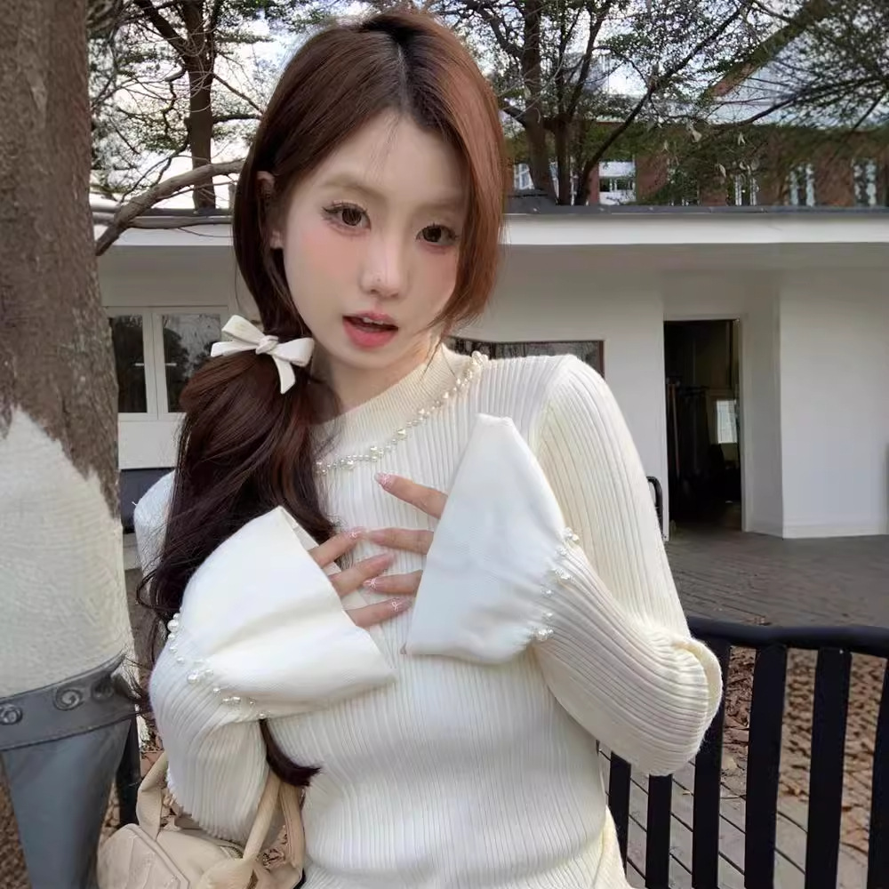 绝美钉珠打底衫女早春法式喇叭袖针织衫内搭修身毛衣洋气上衣