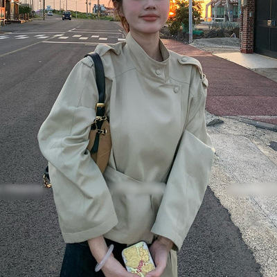 2025时尚百搭纯色女韩系秋季短款卡其色风衣外套女小个子薄款上衣