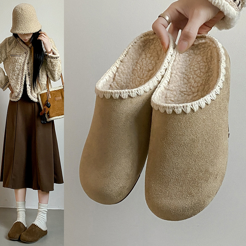 2025冬季加绒羊羔毛半托新款韩版ins女学生勃肯鞋休闲保暖F135