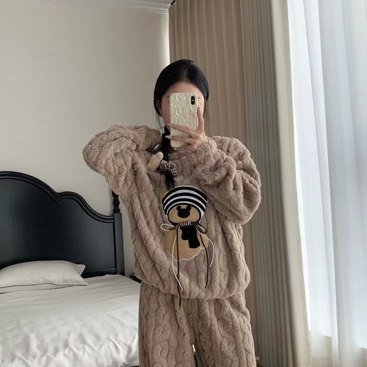 秋冬新款珊瑚绒法兰绒卡通可爱熊时尚长款家居服睡衣长袖长裤套装