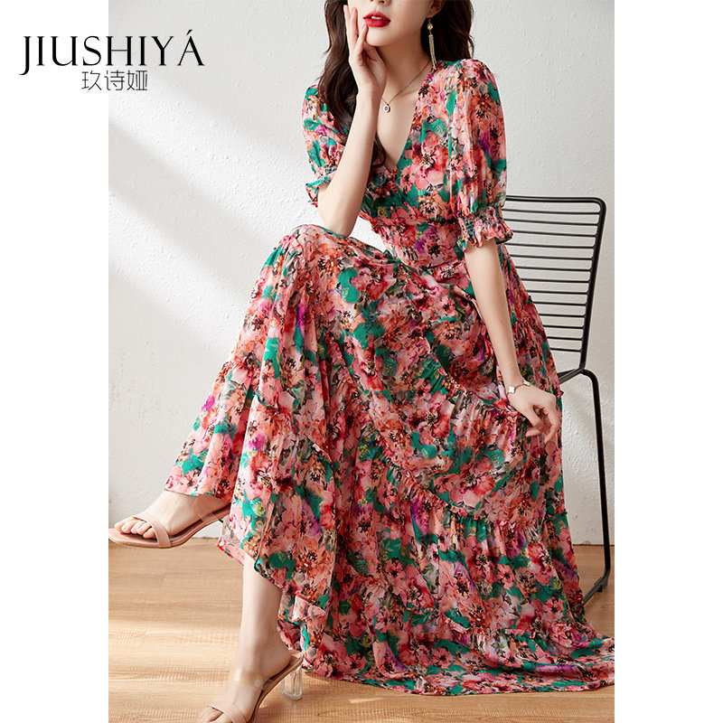 玖诗娅杭州桑蚕丝时尚真丝连衣裙女仙短袖气质洋气奢华品牌欧洲站