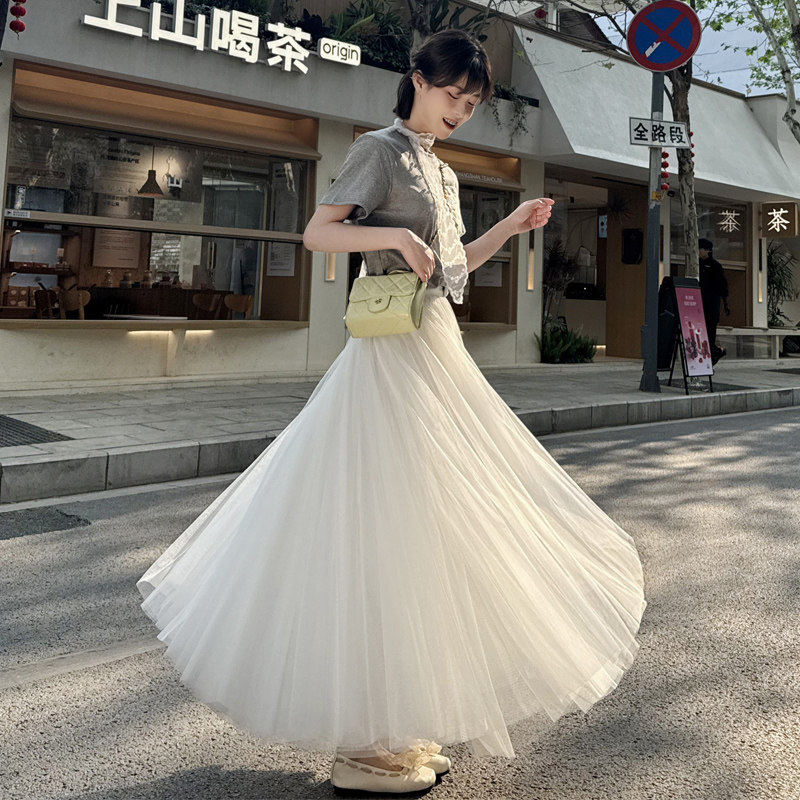 2026夏季新款纱裙白色网纱半身裙女垂坠感a字高腰长裙大摆蓬蓬裙