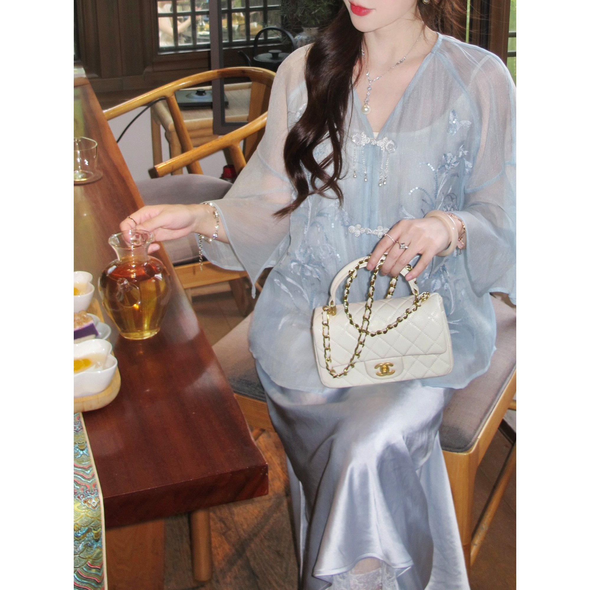 【189元福利款】新中式提花重工蕾丝套装缎面复古盘扣小衫