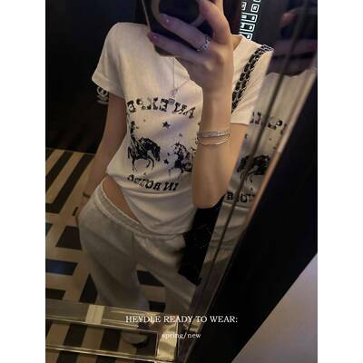 黑豆哼哼 夏日出逃*美式复古小马印花T恤圆领百搭短款短袖上衣女