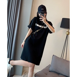 休闲t恤裙子2022新款 黑色字母欧货连衣裙女夏季 宽松中长款 欧洲站