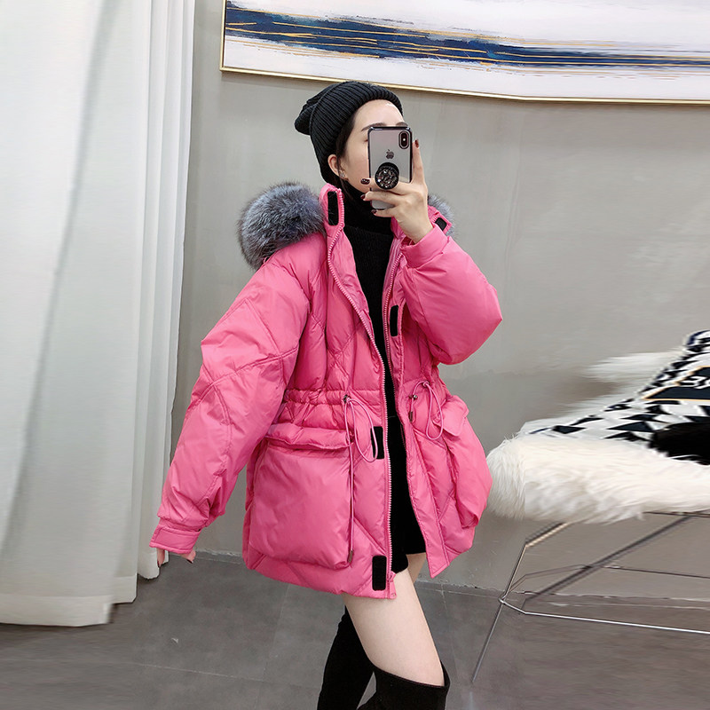 粉色时尚毛领羽绒服女洋气中长款收腰外套欧货冬季2022年新款女装