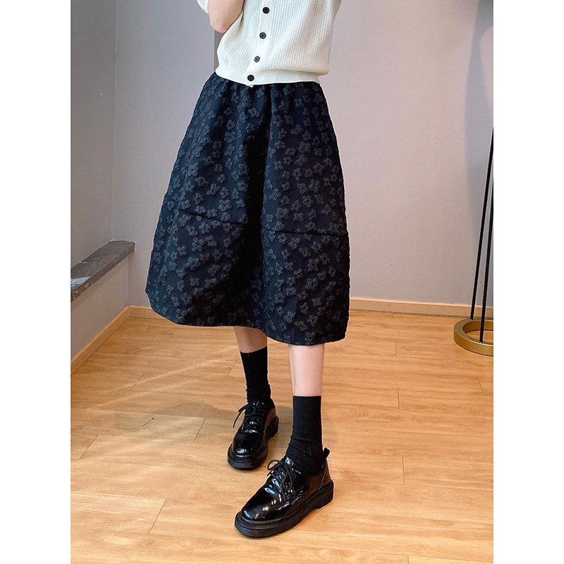 黑色中长款半身裙女伞裙春秋2022新款碎花高腰A字裙子欧货欧洲站
