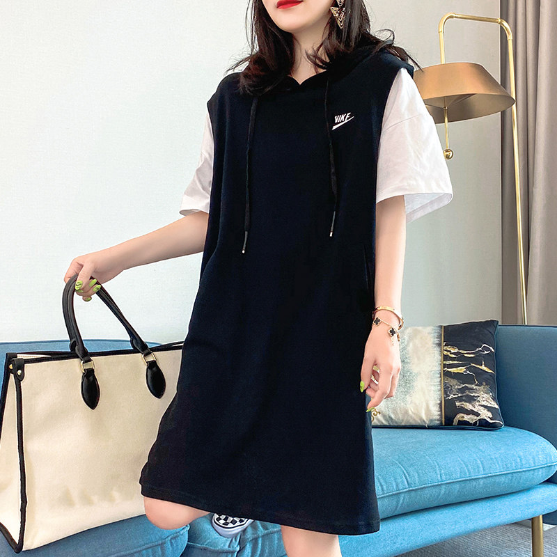 宽松连帽卫衣裙子春季2022新款休闲中长款假两件连衣裙女装欧洲站