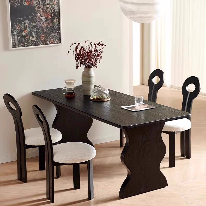 侘寂风黑色复古实木法式餐桌椅白蜡木办公桌洽谈桌小户型长条桌子