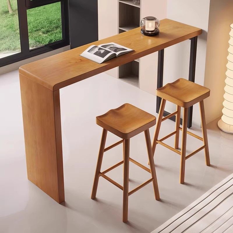 现代简约木质靠墙长条吧台桌椅组合家用阳台客厅隔断高脚桌可定制