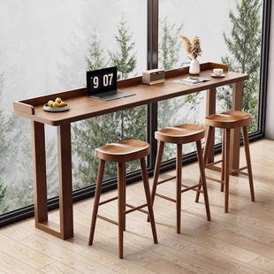 全实木吧台带挡边简约现代阳台落地窗长条高脚桌子休息区吧台桌椅