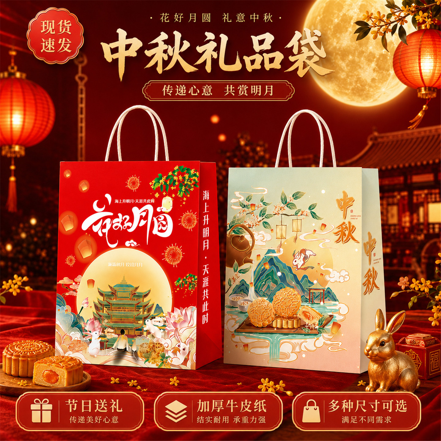 中秋节手提袋月饼蛋黄酥包装袋子打包袋牛皮纸袋伴手礼物送礼品袋