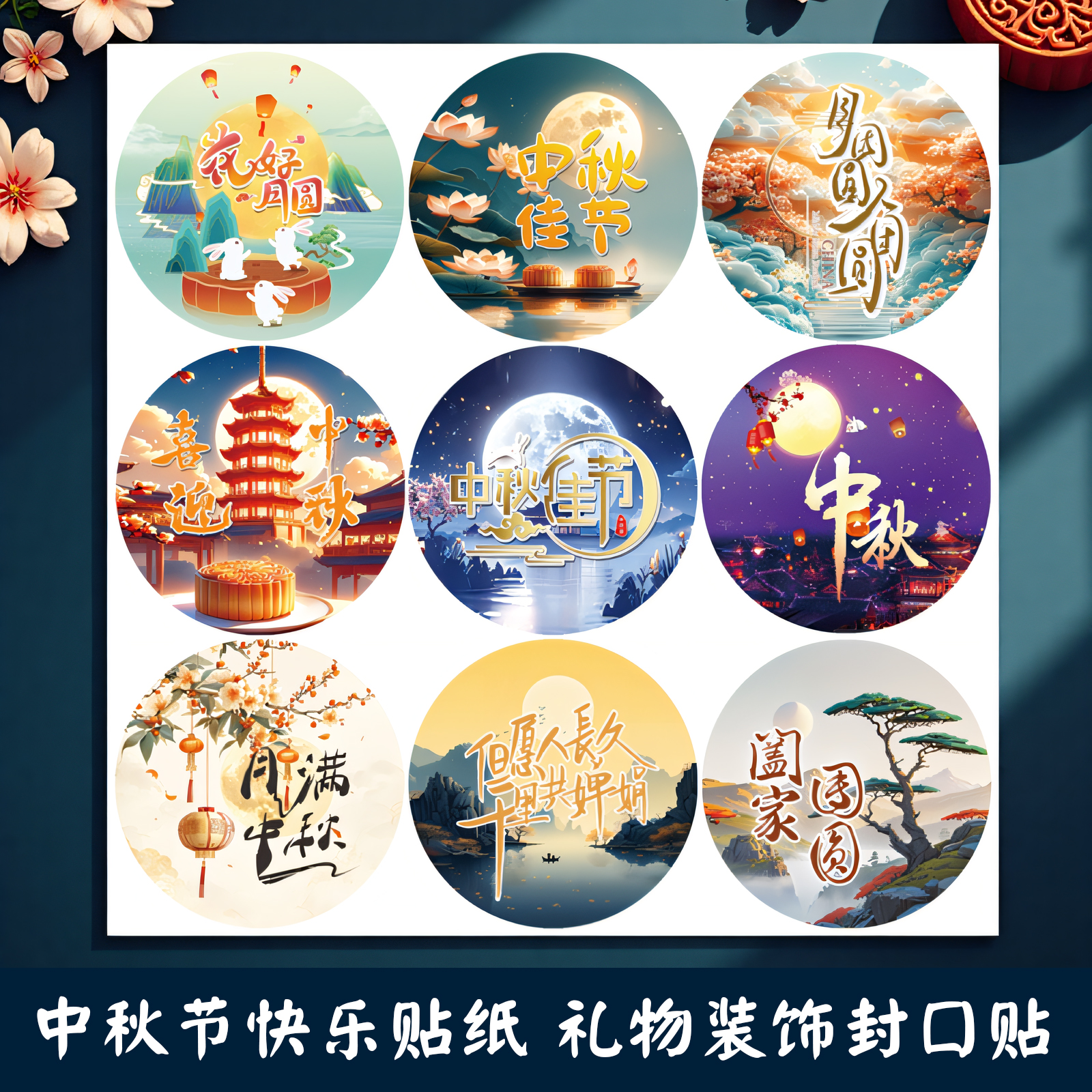 中秋节快乐贴纸装饰礼物月饼