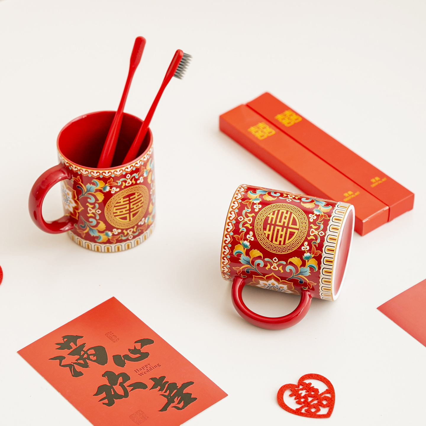 唐洁珐琅彩结婚洗漱杯套装新婚陪嫁漱口杯陶瓷刷牙杯一对婚庆用品