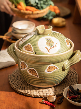 万土烧福鸟双盖 瓦罐陶土锅炖锅沙锅家用砂锅煲汤 燃气明火耐高温