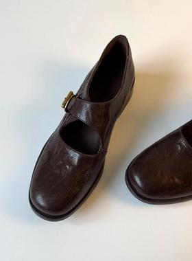 羊皮版复古英伦风黑色通勤玛丽珍鞋女士圆头粗跟真皮百搭带小皮鞋