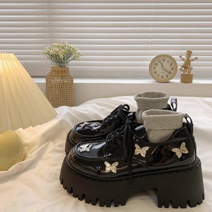 小个子 蝴蝶甜酷黑色厚底小皮鞋 女2025春夏季 新款 英伦风矮子乐单鞋