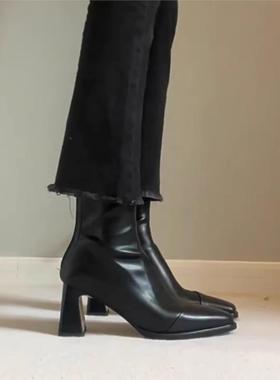 2025秋冬季法式方头粗跟短靴百搭黑色高跟鞋英国式弹力女式修身靴