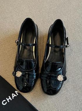 羊皮版法式新款黑色山茶花乐福玛丽珍鞋女内增高圆头一字带女单鞋