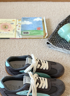 网红爆款复古灰蓝色赛车鞋女2025夏季新款网面透气德训鞋阿甘鞋女