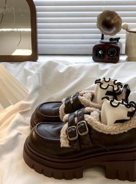 黑色厚底女式小皮鞋2025秋季新款复古英式风格乐福鞋羊毛衬里暖棉