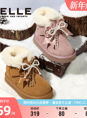 百丽童鞋2025新款冬季女童蝴蝶结雪地靴加绒保暖公主棉靴儿童短靴