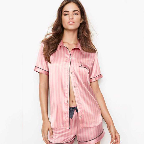 开衫套装春秋粉色条纹家居服衬衫