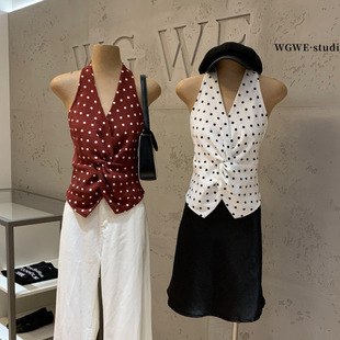 V领挂脖波点吊带背心上衣女V-neck hanging neck polka dot sling