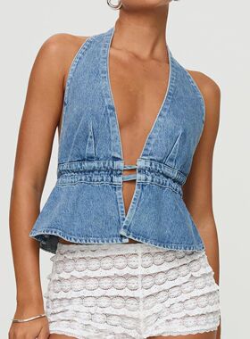 Cowboy backless hanging neck girl's top 露背挂脖系带女孩上衣