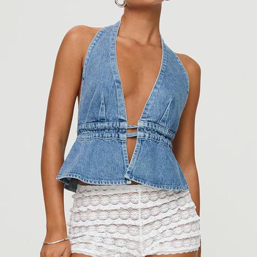 Cowboy backless hanging neck girl's top 露背挂脖系带女孩上衣