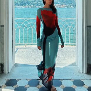 Printed neck dress圆领连衣裙女时尚 性感网纱透视开叉长裙 round