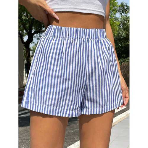 中腰竖条纹宽松短裤女