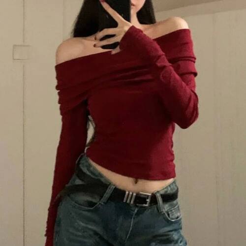 欧美风纯色露肩长袖女士打底T恤