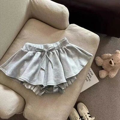 纯色高腰抽绳休闲蓬裙