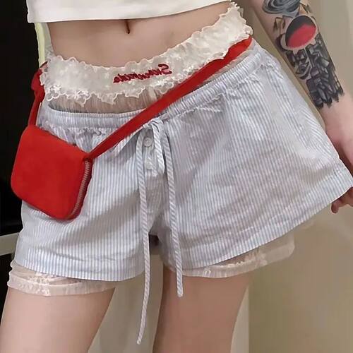 Summer loose striped hollow shorts  夏季新款宽松条纹镂空短裤