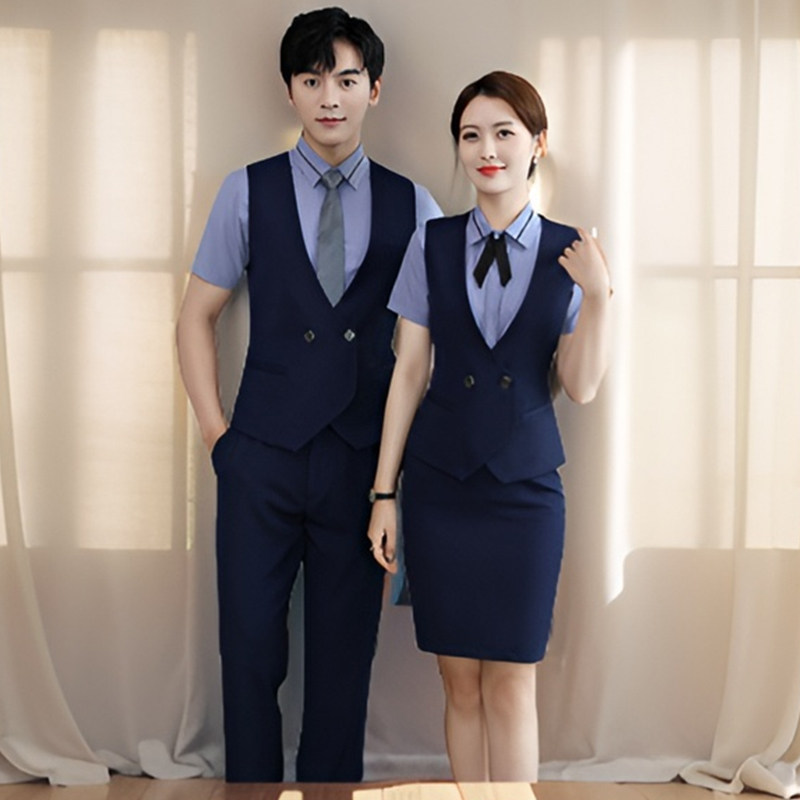 酒店前台接待工作服夏季马甲三件套工装饭店餐饮服务员工作服套装图片