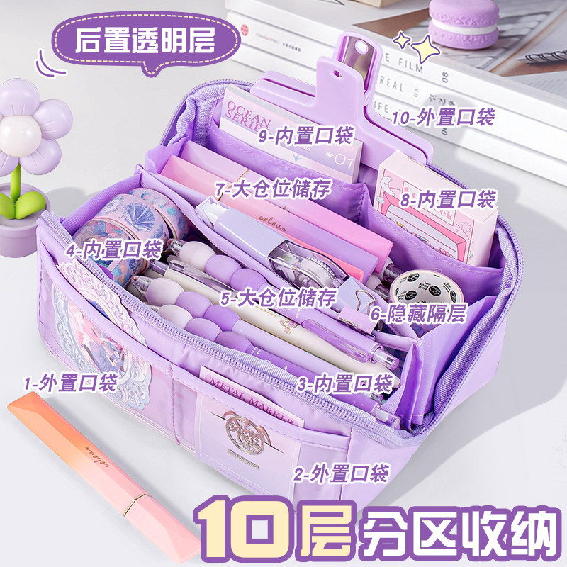 10层超大容量透明笔袋女孩款文具盒女小学生铅笔盒2026年新款多层文具袋大容量高颜值儿童女生铅笔袋