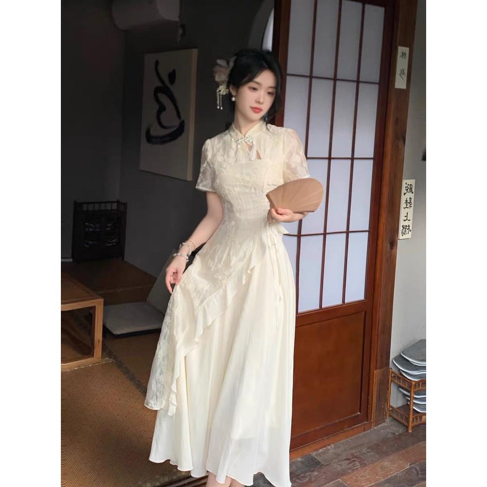 改风良CLB流绣花旗袍连衣裙夏季国韵味少女不规则收女腰长裙中式