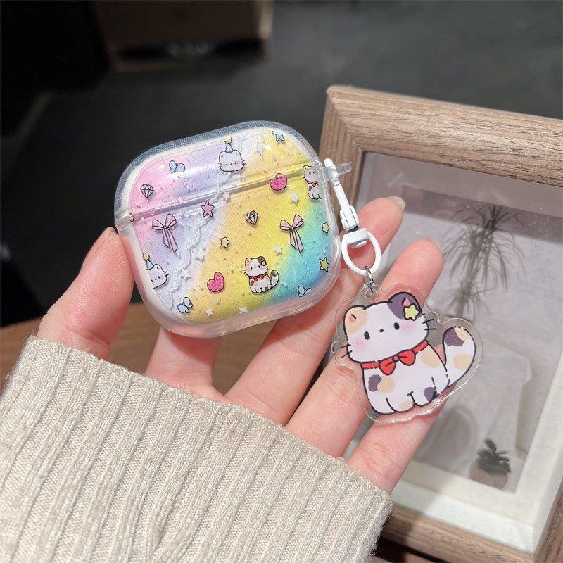 小清新卡通泼墨椰子招财猫适用airpods4代耳机套苹果2/3三代AirpodsPro第二代保护壳Pro2透明软郁金香