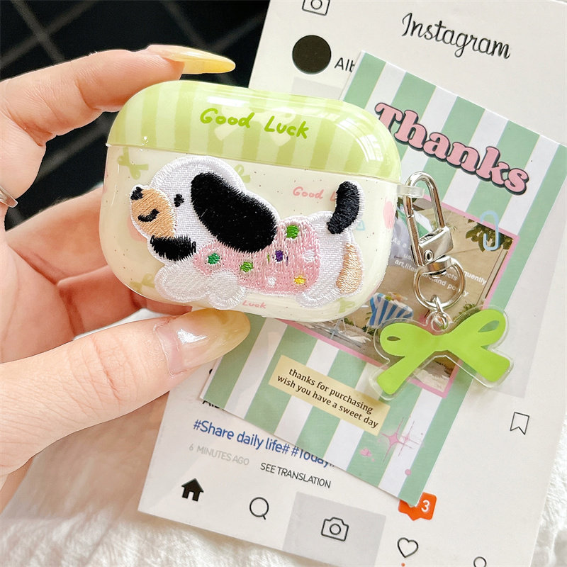 卡通刺绣帕恰狗粉色小狗适用airpods4耳机套2/3三代airpods Pro第二代保护壳苹果蓝牙耳机套Pro2创意软少女潮