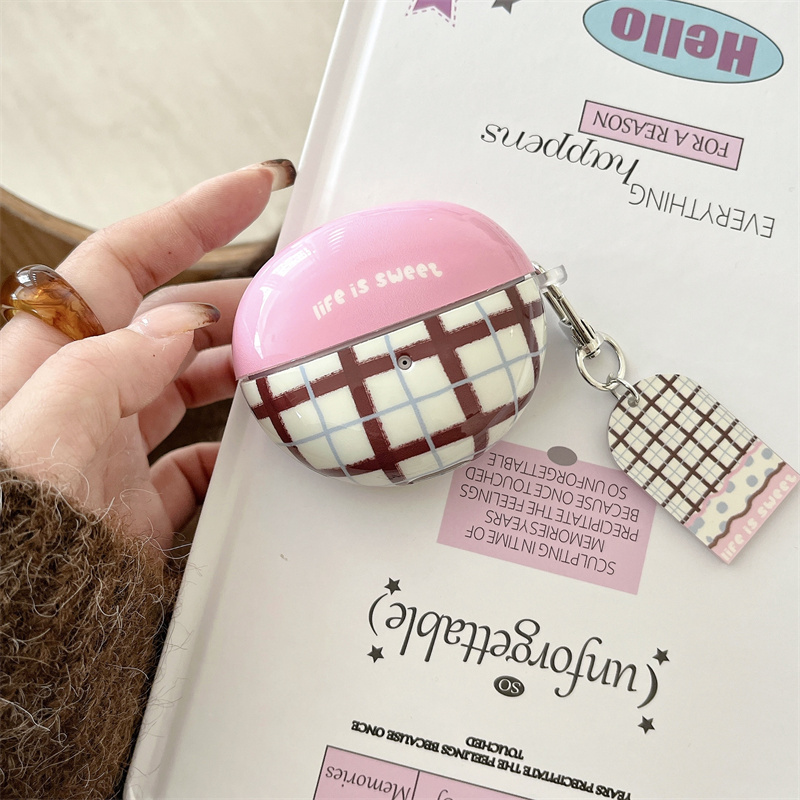 韩系ins撞色粉色格纹华为耳机套