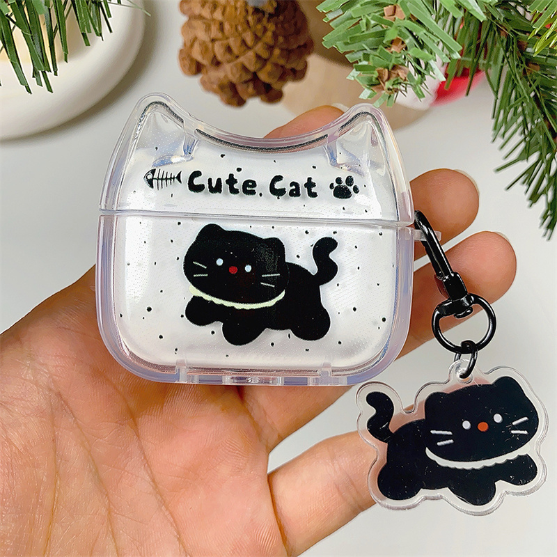 立体猫耳朵墨点小黑猫适用airpods4代耳机套苹果2/3三代AirpodsPro第二代保护壳Pro2透明壳情侣软壳卡通挂件
