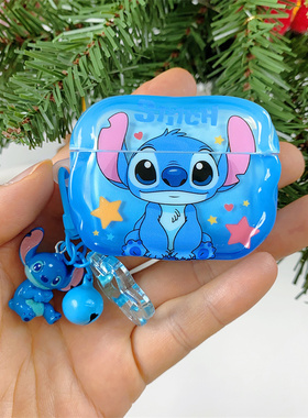 卡通立体星星史迪仔适用airpods4代耳机套苹果2/3三代AirpodsPro第二代保护壳Pro2软壳萌系少女铃铛挂件蓝色