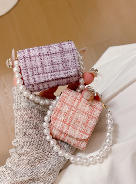 小香风格纹紫色粉色皮套适用airpods3耳机套2/3三代airpods Pro第二代保护壳苹果蓝牙耳机套Pro2少女珍珠手链