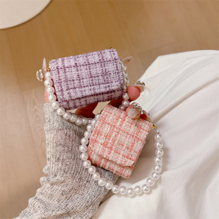 小香风格纹紫色粉色皮套适用airpods3耳机套2/3三代airpods Pro第二代保护壳苹果蓝牙耳机套Pro2少女珍珠手链