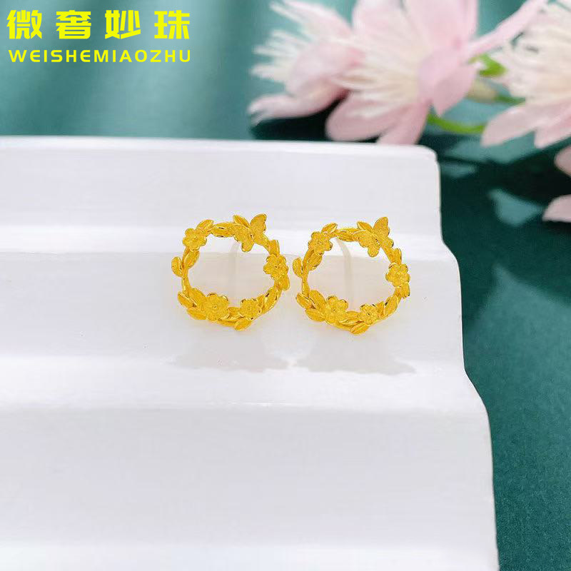 5G黄金花环耳钉女999足金新款蝴蝶耳夹纯金小清新百搭耳饰送女友