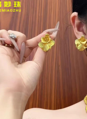 5D硬金黄金富贵花耳钉女999足金新款大气花朵耳环纯金耳饰送老婆