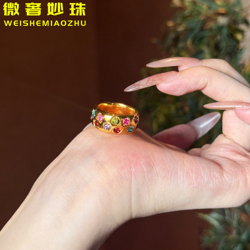 5D硬金黄金糖果戒指女999足金新款ins风气质指环纯金食指戒送女友