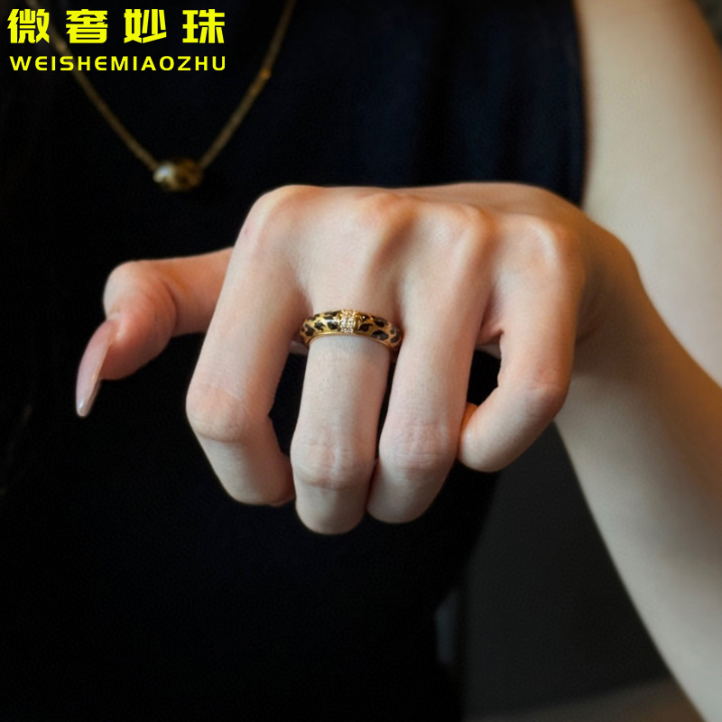 5D硬金黄金豹纹戒指女999足金ins风点钻镶嵌指环纯金食指戒送女友