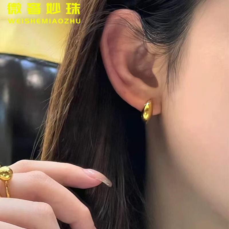 5D硬金黄金月牙耳钉女999足金镜面时尚气质耳环纯金百搭耳饰送礼